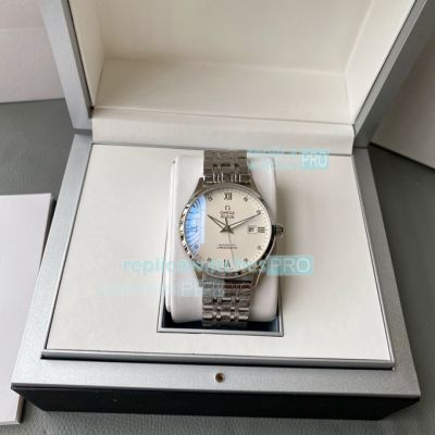 Replica Omega De Ville Men Stainless Steel Strap White Face Rounded Bezel Watch